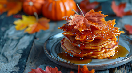 Stack of pumpkin pancakes drizzled with maple syrup.
