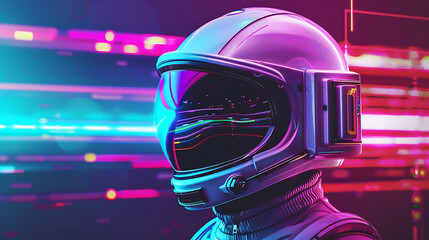 Futuristic astronaut helmet, vibrant neon colors, digital backdrop.
