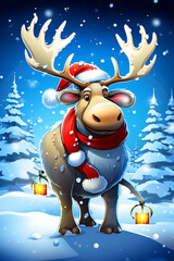Moose in Santa hat, red scarf, snowy scene.

