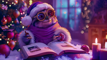 Cozy creature in Santa hat, reading book by fireplace.
