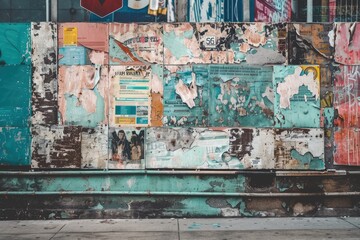 Old urban street billboard with torn posters and stickers. Texture with copy space. Toned image.