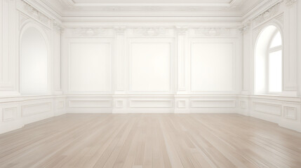 Empty white room with ornate walls and light wood floor.
