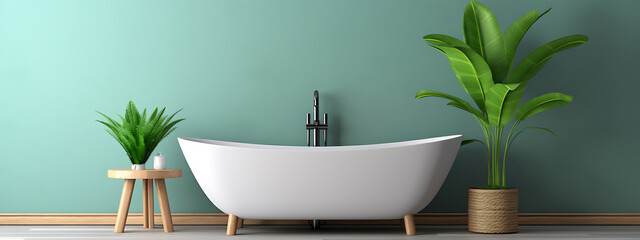 A simple bathroom scene with a bathtub and plants.