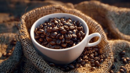 Fototapeta premium A white cup filled with coffee beans on a table, perfect for a morning pick-me-up or as a decorative accent