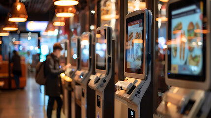 Fototapeta premium Self-service kiosks in a restaurant, ordering food. 