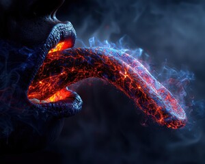 A surreal image of a fiery, glowing, serpent-like tongue emerging from a dark mouth against a smoky, mysterious background.