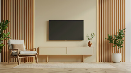 Beige living room with TV and wooden accents.
