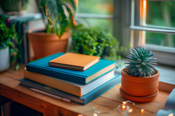 Set of Personal Development Books and Journals on Wooden Desk, Close-Up Shot with Soft Lighting, Surrounded by Plants on Windowsill, Commercial Photography, Stock Photo