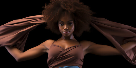 A  woman with  brown  hair and  brown  skin  wearing a  brown  dress  and  a  pink  scarf  in a  dramatic  pose.  

