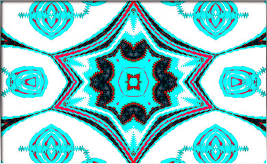 A kaleidoscopic image features a symmetrical star-like pattern in vibrant shades of cyan, black, and red against a white, with, bold, jagged lines and repeating geometric shapes