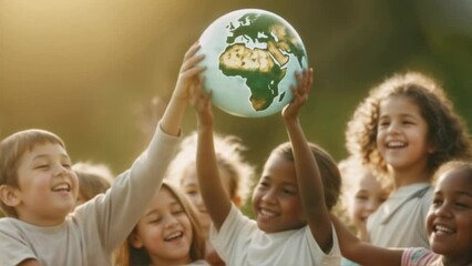 Children Hold Up the World: Diverse Kids Celebrate Unity and Hope for the Future of Our Planet. Environmentalism, Diversity, Next Generation Concept.