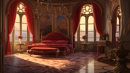 Obraz premium Opulent bedroom, red velvet, ornate details, sunlit grandeur. 