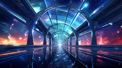 Futuristic corridor with blue, pink and white starry sky evokes a sense of wonder and possibility for science fiction and space exploration themes. 
