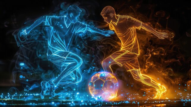 Neon Silhouette of Colliding Soccer Players in Bubble Soccer Match