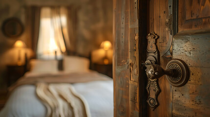 Obraz premium Rustic bedroom glimpsed through an antique door. 