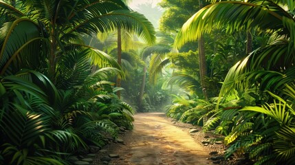 Lush tropical jungle path on a sunny morning