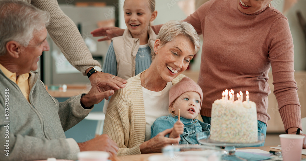 Canvas Prints Happy family, child and birthday with cake for celebration, dessert or wish together on dining table at home. Excited grandparents with grandchild or candle light for party, childhood or bonding