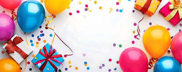 Birthday party banner with vibrant balloons and gifts on a white background, confetti scattered, space for text, in a fun and lively style.