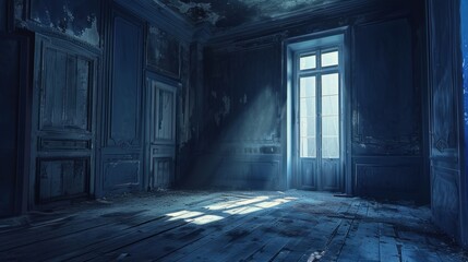 Obraz premium Sunbeam illuminating abandoned room in historic mansion