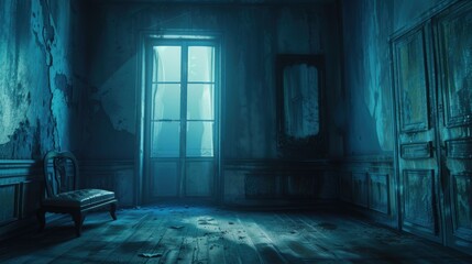 Obraz premium A single chair in a dark and abandoned room with a view