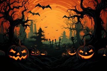Fototapeta premium Vibrant Halloween digital art with pumpkins, bats, and eerie trees against an orange sunset. Perfect for festive content and themes.