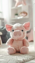 Fototapeta premium Cute plush pig toy sitting on rug in sunlit cozy children's nursery room background
