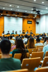  University lecture hall filled with attentive students listening to panel discussion