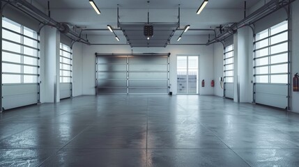 Obraz premium Empty garage interior with large overhead doors