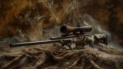 Smoky background of a sniper rifle atop a camouflage net in a studio very detailed and realistic shape