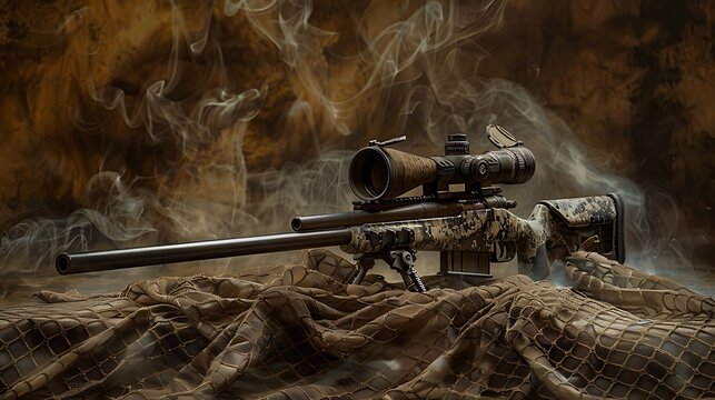 Smoky background of a sniper rifle atop a camouflage net in a studio very detailed and realistic shape
