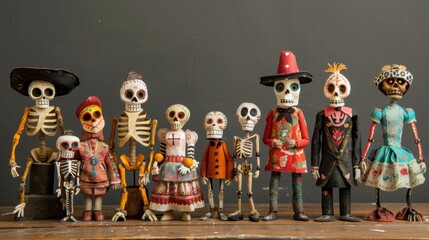 Fototapeta premium Colorful skeleton dolls arranged on wooden table