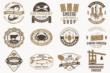 Set of cheese family farm, seafood and Restaurant retro badge. Vector. For seafood emblem, sign, menu restaurants with cheese, tuna, trout, shrimp, octopus crab mussels and clams © sivvector