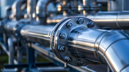 Fototapeta premium Stainless steel pressure pipes used in a liquid pumping system
