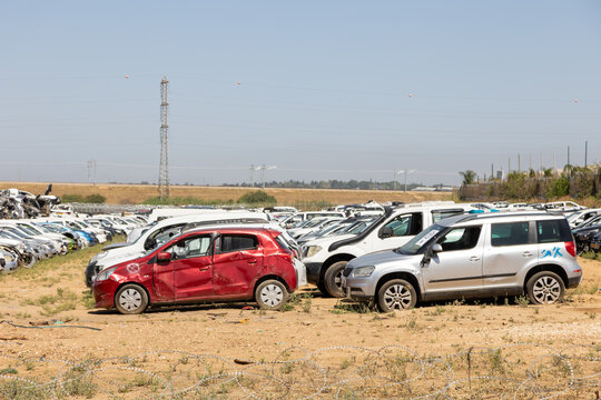 Sa'ad, Israel – May 9 2024, Cars remaining, burned cars after the attack on October 7th by Hamas. The cars were collected on the farmer's field and serves now as an attacks memorial and a remainder.