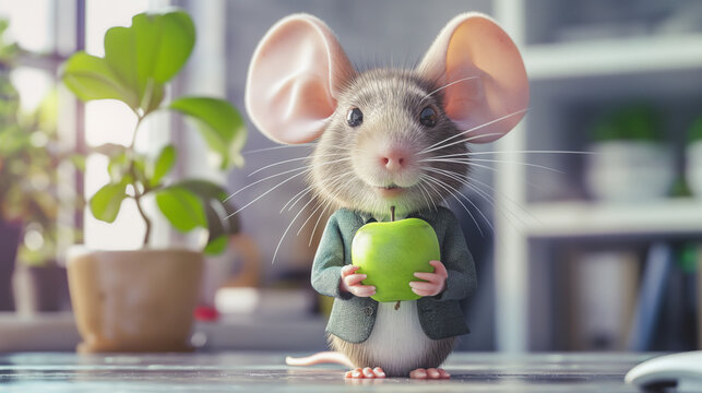 3d Maus mit gro&szlig;en Ohren tr&auml;gt einen Anzug im B&uuml;ro und einem gr&uuml;nen saftigen Apfel f&uuml;r gesunde Ern&auml;hrung Generative AI