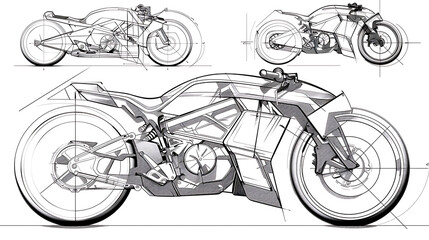 Fototapeta premium Conceptual motorcycle design sketches, various angles. 