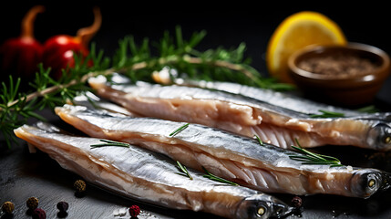 Fresh fish fillets, herbs, and spices. Ready to cook.
