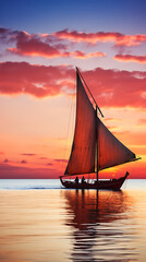 Fototapeta premium Sailboat at sunset, vibrant colors, tranquil sea. 