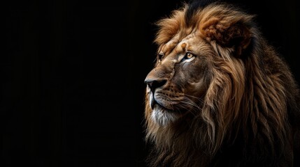 Obraz premium Close up portrait of a male lion in a dark setting
