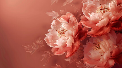 Pink and red peonies on a soft red background, a delicate floral design for spring and summer projects. 