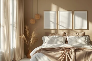 Elegant bedroom with mockup of large white frames on beige walls and brown bed linen