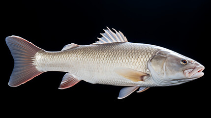 Obraz premium Gray fish with red fins on a black background, perfect for seafood packaging or culinary websites. 