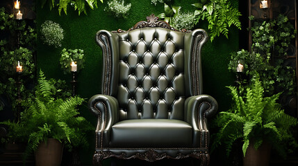 A luxurious green leather armchair, surrounded by lush greenery and soft candlelight, evokes a sense of regal elegance and tranquility. 