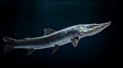 Obraz premium A large, predatory fish with blue, green, and black scales swims through dark, mysterious waters, evoking a sense of danger and the thrill of the hunt. 