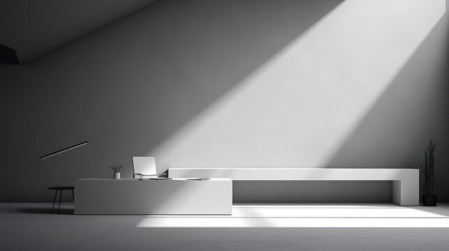 Minimalist white office interior with a desk, bench, and plant, conveying a sense of calm and professionalism. 
