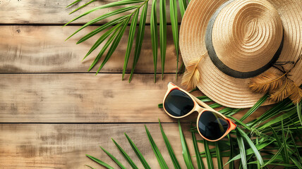 straw hat and sunglasses on wooden table