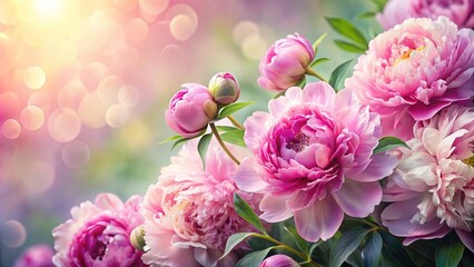 Fototapeta premium Tender peonies on pink background with copy space. Abstract natural floral frame layout with text space. Romantic feminine composition. Wedding invitation. International Women day, Mother Day concept