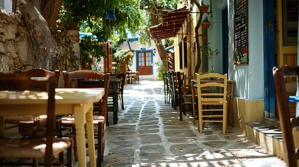 Fototapeta premium Tables and chairs at a classic plaka village eating the hotel very detailed and realistic shape