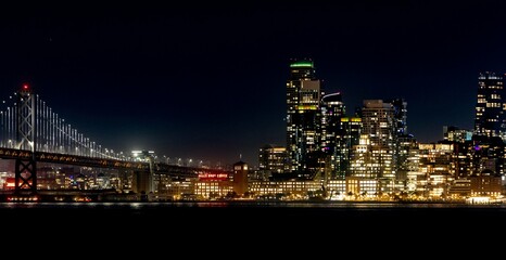 Nighttime Cityscape Skyline View of Downtown San Fransisco, California, West Coast Architecture Destination Spot, Travel Tourism Professional Photography Golden Gate Bridge City Lights and Skyscrapers