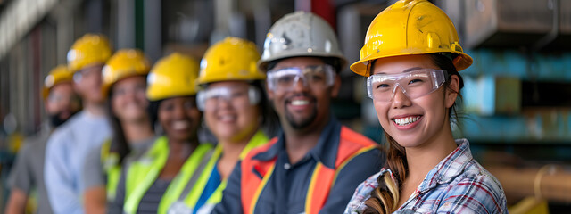 Smiling diverse construction workers in yellow hard hats, blue and red plaid shirts, and safety glasses, showcasing teamwork and safety in a factory setting. 
